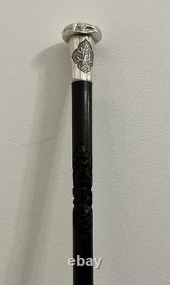 Antique Chinese Sliver Topped Walking Cane Silver Marks KW & Wood Carved Shaft