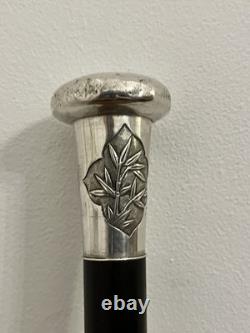 Antique Chinese Sliver Topped Walking Cane Silver Marks KW & Wood Carved Shaft