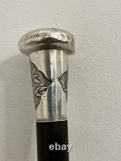 Antique Chinese Sliver Topped Walking Cane Silver Marks KW & Wood Carved Shaft