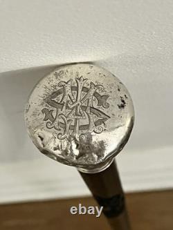 Antique Chinese Sliver Topped Walking Cane Silver Marks KW & Wood Carved Shaft