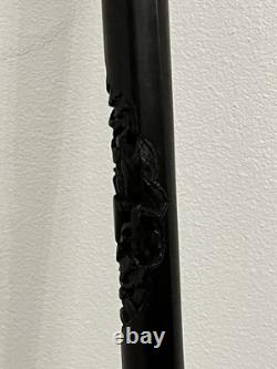 Antique Chinese Sliver Topped Walking Cane Silver Marks KW & Wood Carved Shaft