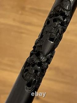 Antique Chinese Sliver Topped Walking Cane Silver Marks KW & Wood Carved Shaft