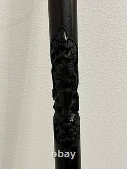 Antique Chinese Sliver Topped Walking Cane Silver Marks KW & Wood Carved Shaft