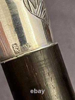 Antique Chinese Sliver Topped Walking Cane Silver Marks KW & Wood Carved Shaft
