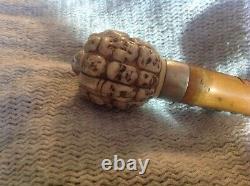 Antique'Chinese / carved faces Animal walking Stick /Dresss cane