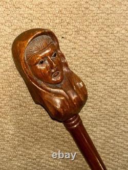 Antique Christianity Walking Stick Cane Large Hand-Carved Mary Mother of Jesus