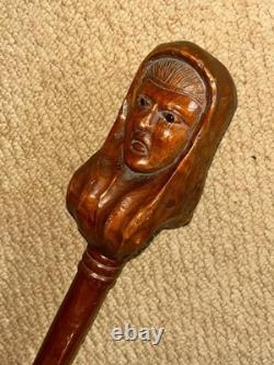Antique Christianity Walking Stick Cane Large Hand-Carved Mary Mother of Jesus