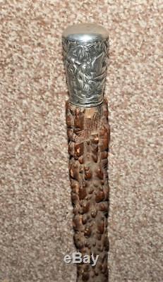 Antique Cork Wood Walking Stick Hand-Carved Indian Silver Buddhist/Oriental top