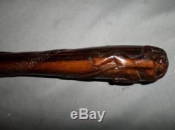 Antique Coromandel Ebony Walking Stick 20th Century- Carved Monkey and Snake Top