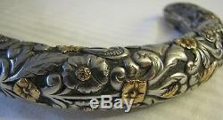 Antique Deep Carved Sterling & Inlaid Gold Handle Ebony Cane Walking Stick NG