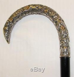 Antique Deep Carved Sterling & Inlaid Gold Handle Ebony Cane Walking Stick NG