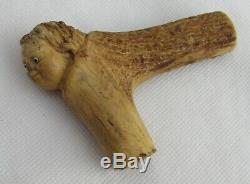 Antique Deer Stag Horn Walking Stick Handle Hand Carved Fat Boy Flirty Eyes