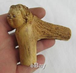 Antique Deer Stag Horn Walking Stick Handle Hand Carved Fat Boy Flirty Eyes