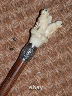 Antique Dress Cane/Walking Stick-Hand-Carved Bovine Bone Bulldogs Top With Silver