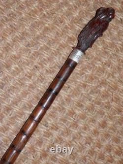 Antique Dress Cane/Walking Stick Hand-Carved Chinese Dragon- H/M Silver 1910