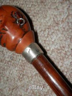 Antique Dress Cane With Coquilla Nut Hand Carved Man & H/m Silver Collar LDN 1883