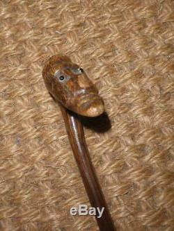 Antique Dress Cane With Wooden Carved Puppet Top With Glass Eyes