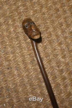 Antique Dress Cane With Wooden Carved Puppet Top With Glass Eyes