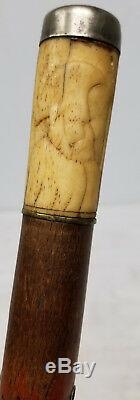 Antique Early American Dutch Style Carved Walking Stick Cane Handle Silver TOp