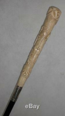 Antique Ebonised Dress Cane- Detailed Carved Top- Hallmarked Silver Collar