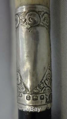 Antique Ebonised Dress Cane- Detailed Carved Top- Hallmarked Silver Collar