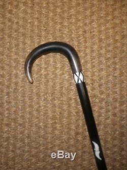 Antique Ebonised Inlay Walking Stick With Carved Horn Handle 94cm