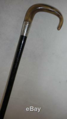 Antique Ebonised Walking Stick With Hallmarked Silver Collar-Carved Crook Handle