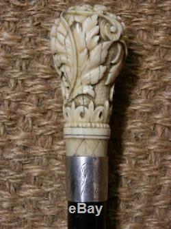 Antique Ebonized Walking Stick Silver Collar Engraved 1890 And Hand-carved Top