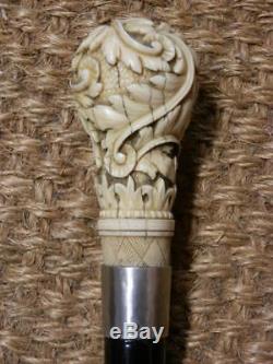 Antique Ebonized Walking Stick Silver Collar Engraved 1890 And Hand-carved Top