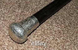 Antique Ebonized Walking Stick With Hallmarked Carved Silver Top'J. K' London