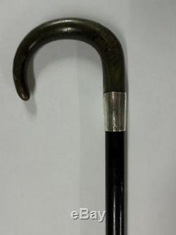 Antique Ebonsised Walking Cane- Carved Bovine Horn Handle -hallmarked Silver