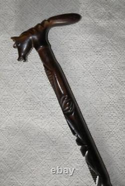 Antique Ebony African Tribal Walking Stick / Cane Carved Shaft & Horse Handle