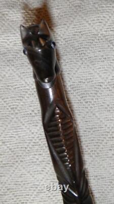 Antique Ebony African Tribal Walking Stick / Cane Carved Shaft & Horse Handle