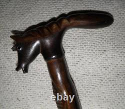 Antique Ebony African Tribal Walking Stick / Cane Carved Shaft & Horse Handle