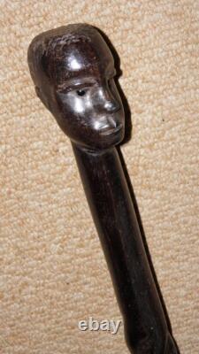 Antique Ebony African Tribal Walking Stick Hand-Carved African Man Glass Eyes