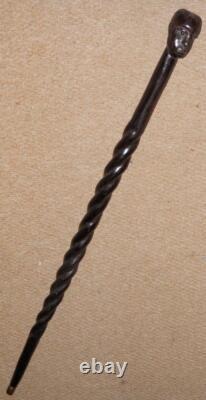 Antique Ebony African Tribal Walking Stick Hand-Carved African Man Glass Eyes