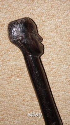 Antique Ebony African Tribal Walking Stick Hand-Carved African Man Glass Eyes