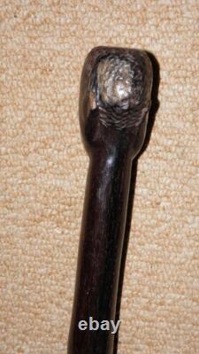 Antique Ebony African Tribal Walking Stick Hand-Carved African Man Glass Eyes