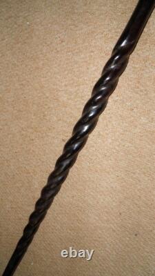 Antique Ebony African Tribal Walking Stick Hand-Carved African Man Glass Eyes