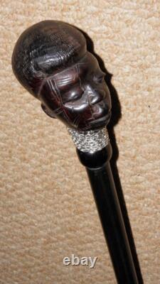 Antique Ebony African Tribal Walking Stick Hand-Carved African Man Silver Chain