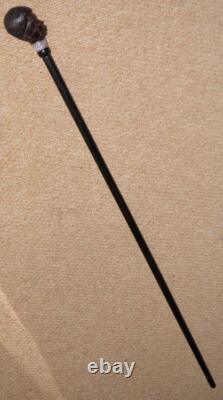 Antique Ebony African Tribal Walking Stick Hand-Carved African Man Silver Chain