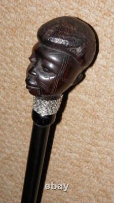 Antique Ebony African Tribal Walking Stick Hand-Carved African Man Silver Chain