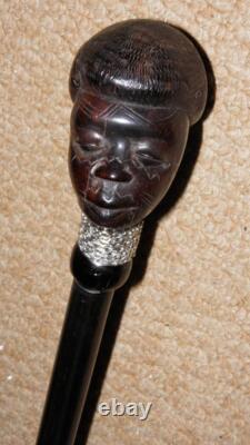 Antique Ebony African Tribal Walking Stick Hand-Carved African Man Silver Chain