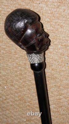 Antique Ebony African Tribal Walking Stick Hand-Carved African Man Silver Chain