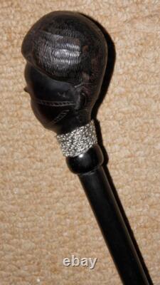 Antique Ebony African Tribal Walking Stick Hand-Carved African Man Silver Chain
