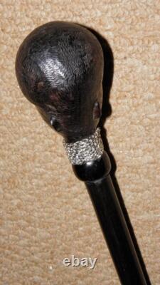Antique Ebony African Tribal Walking Stick Hand-Carved African Man Silver Chain