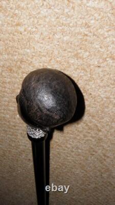 Antique Ebony African Tribal Walking Stick Hand-Carved African Man Silver Chain