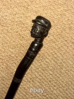 Antique Ebony African Walking Stick Hand Carved Man's Head & Tribal Patterns