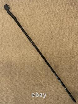 Antique Ebony African Walking Stick Hand Carved Man's Head & Tribal Patterns