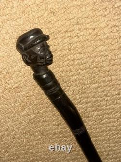 Antique Ebony African Walking Stick Hand Carved Man's Head & Tribal Patterns